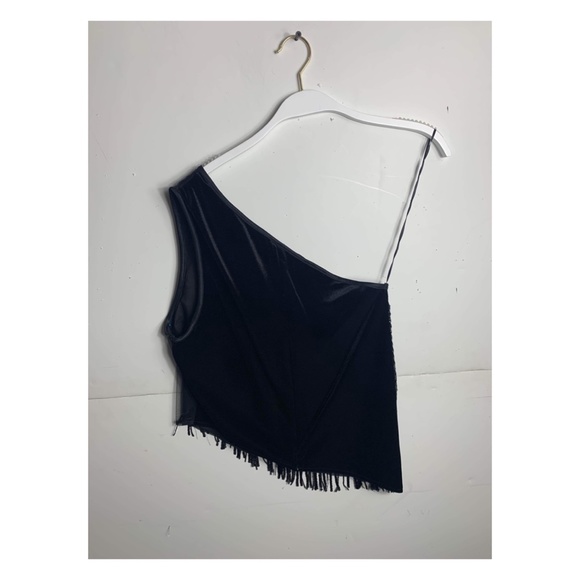 Eva Franco Anthropologie Sequin One-Shoulder Black Cropped Party Top with Fringe - Picture 8 of 10